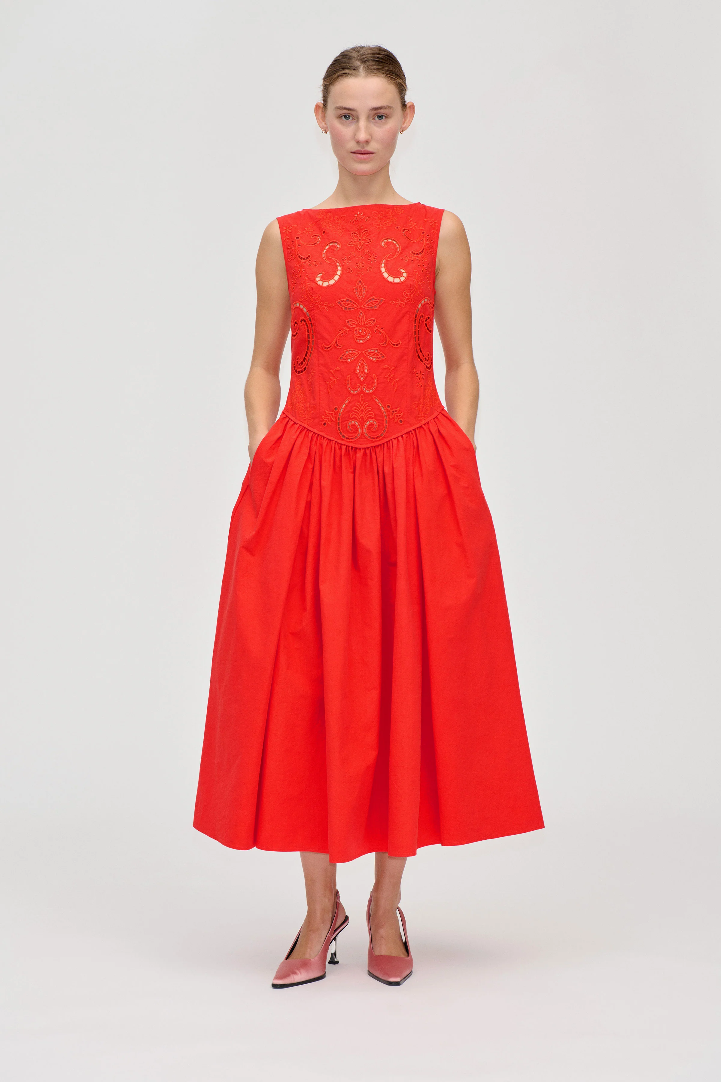 Embroidered Midi Dress - Fiery Red